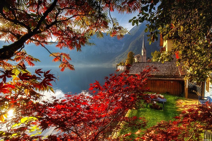 Hallstatt Austria Lakeside Village with Autumn Foliage
