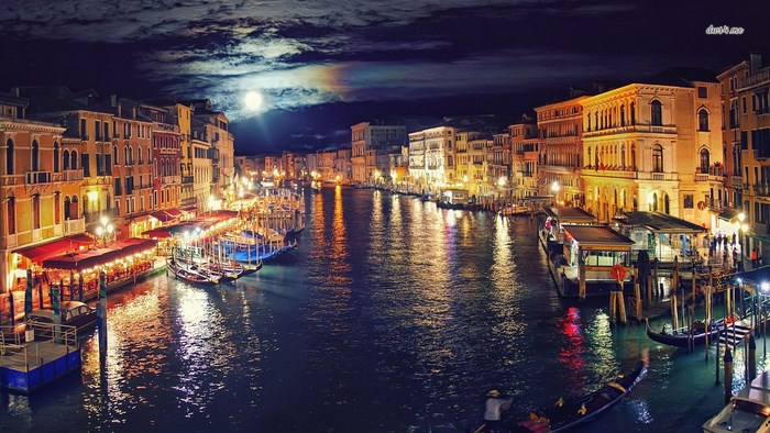 Venice Canal at Night with Moon