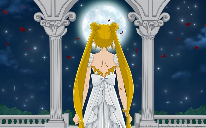 Sailor Moon in a white dress under the moon
