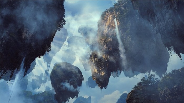 Floating mountains with waterfalls and mist