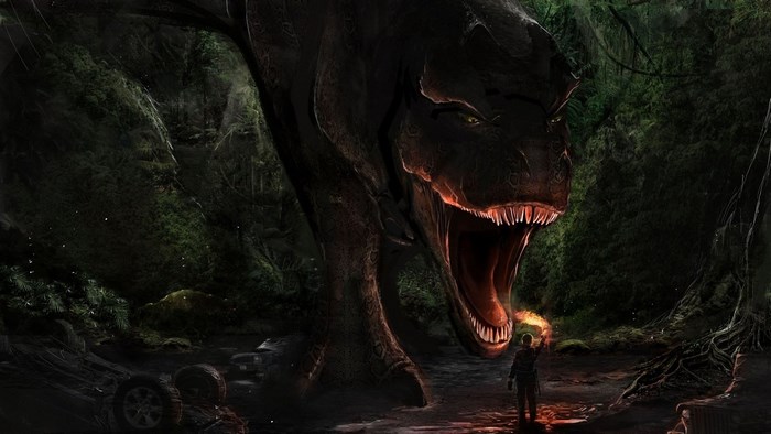 Man confronts a Tyrannosaurus Rex in a dark jungle
