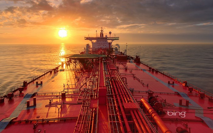 Tanker ship at sunset