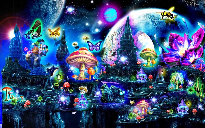 Fantasy Landscape with Glowing Mushrooms and Cosmic Sky