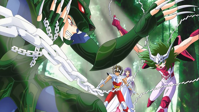 Saint Seiya characters fighting with chains