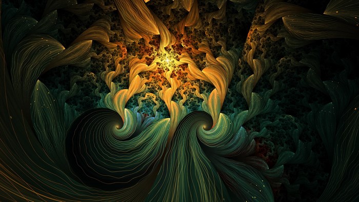 Fractal art with swirling green and gold patterns
