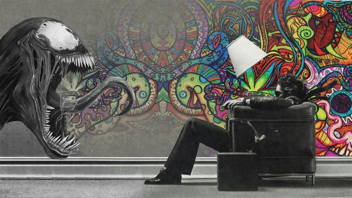 Venom and a man in a psychedelic room