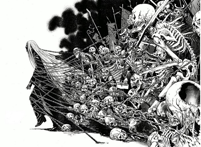 Figure in black chains an army of skeletons