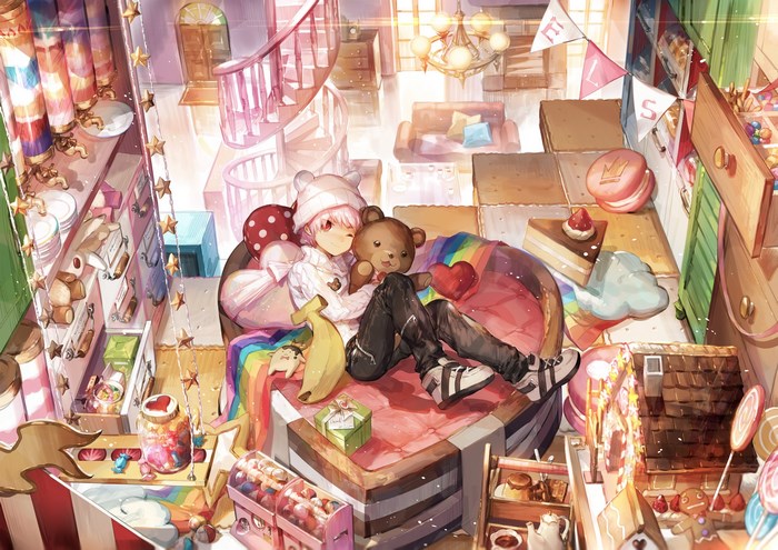 Anime character with teddy bear in candy shop