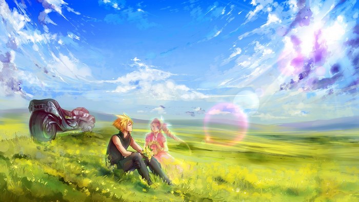 Cloud and Aerith from Final Fantasy VII in a field