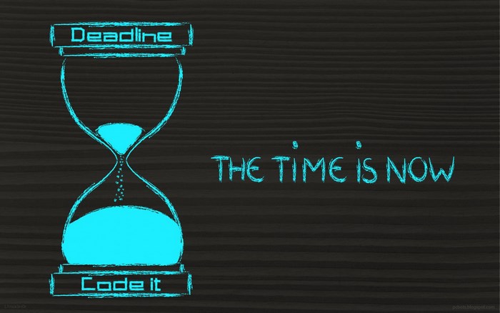 Hourglass with text Deadline and Code it, The time is now