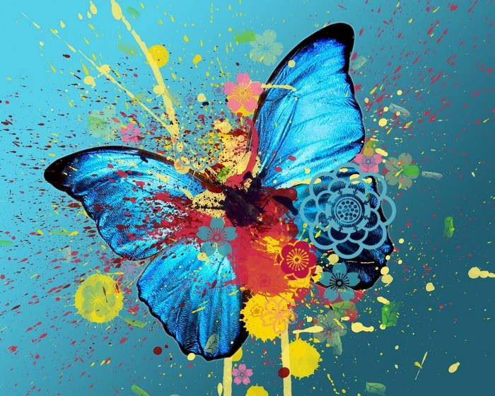 Blue butterfly with colorful paint splatters and flowers