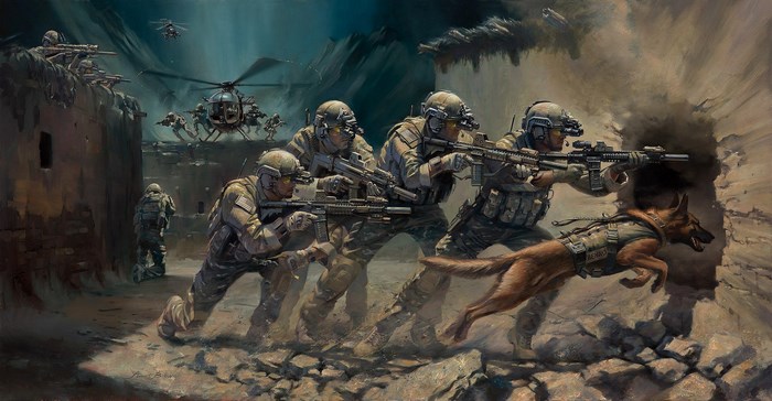 Tactical Military Unit with Working Dog in Action