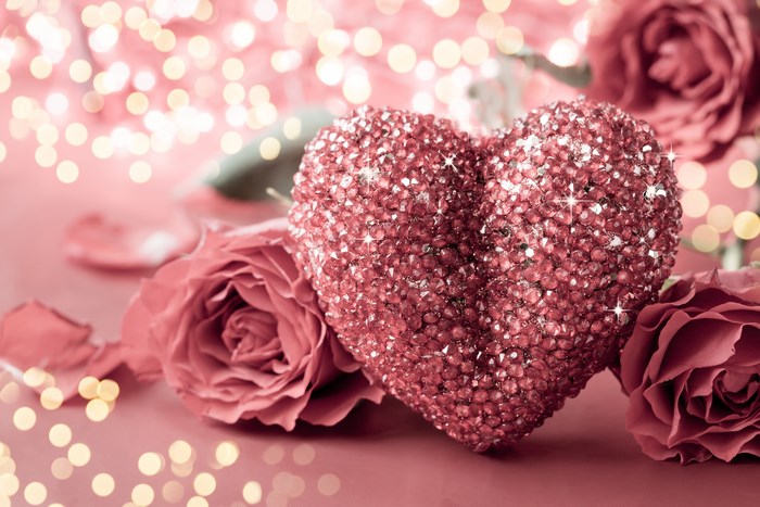 Sparkling Heart with Pink Roses and Bokeh Lights