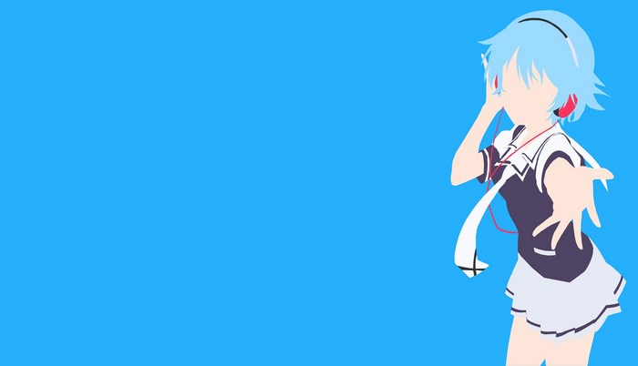 Fuuka with headphones on blue background