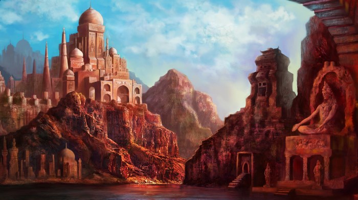 Fantasy city with ancient statues and mountains