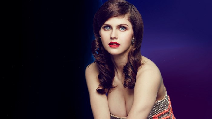 Alexandra Daddario Portrait with Blue Eyes and Red Lipstick