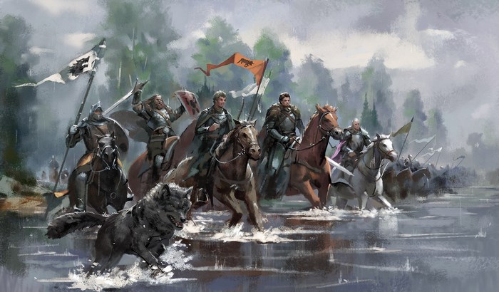 Knights and wolves crossing a river in A Song of Ice and Fire