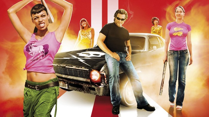 Death Proof movie poster with cast and car