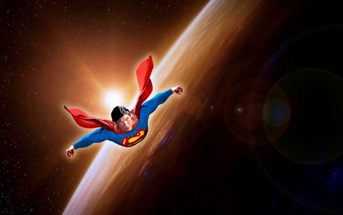 Superman flying in space near a planet