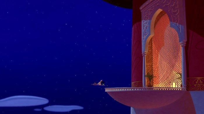 Aladdin flying on a magic carpet at night