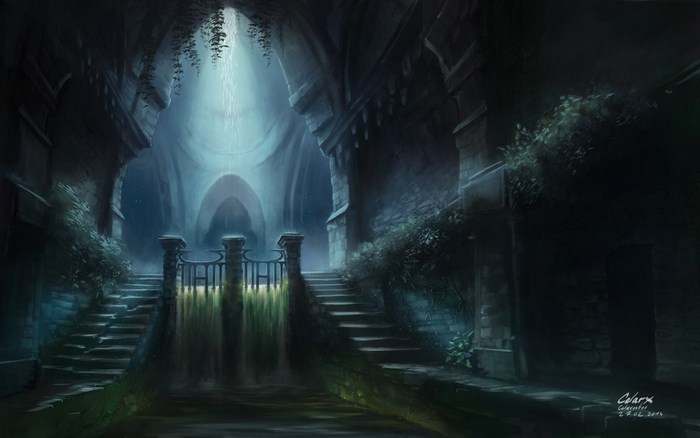 Ancient ruin with water feature and stairs