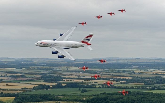 British Airways Airbus A380 flying with Red Arrows