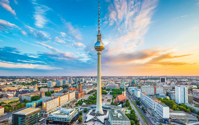 Berlin TV Tower and cityscape at sunset