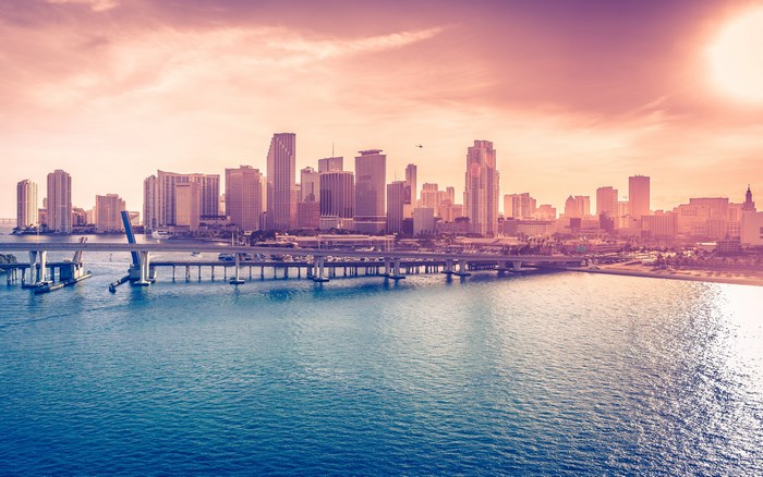 Miami skyline with bridge and ocean