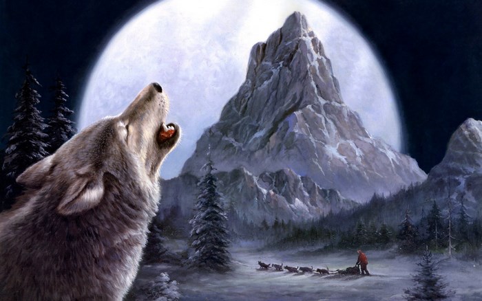 Wolf howling at the moon with a mountain landscape
