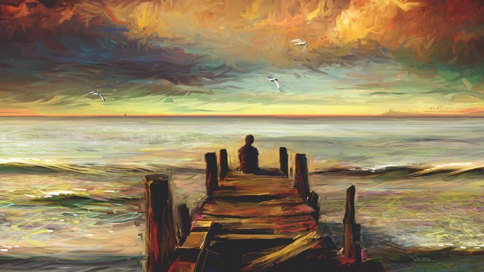 Painting of a person sitting on a dock overlooking the ocean