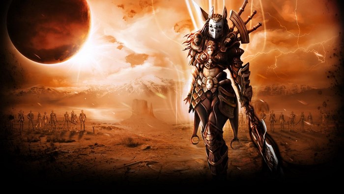 Shaiya warrior with army and red planet