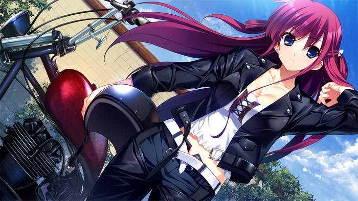 Girl with purple hair and motorcycle