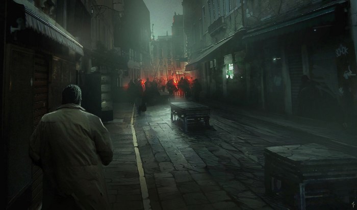 Man walks down a dark, foggy street with a crowd holding torches