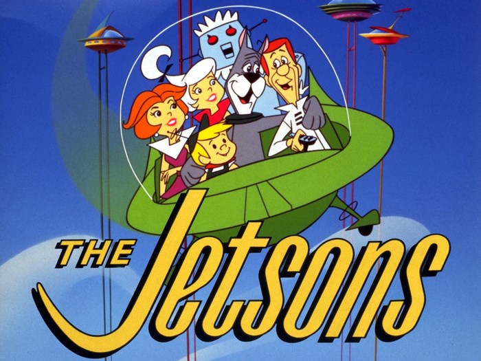 The Jetsons cartoon family in a flying saucer
