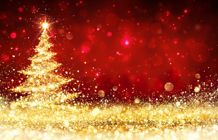 Golden Glittering Christmas Tree with Red Background