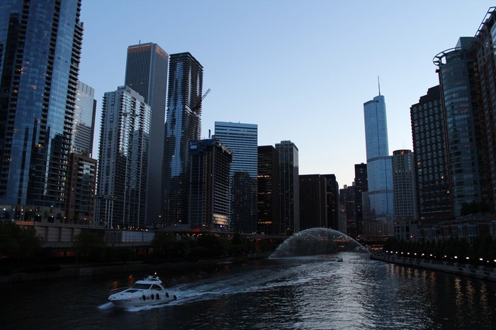 Chicago River with Trump Tower and boat