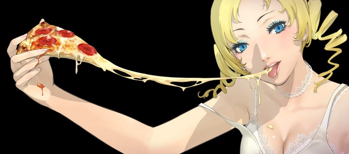 Catherine eating a slice of pepperoni pizza