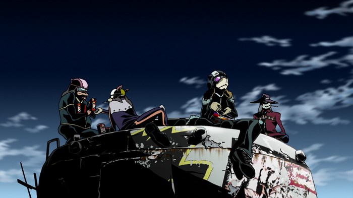 Characters from Redline sitting on a vehicle