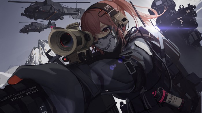 Anime girl with sniper rifle and helicopters