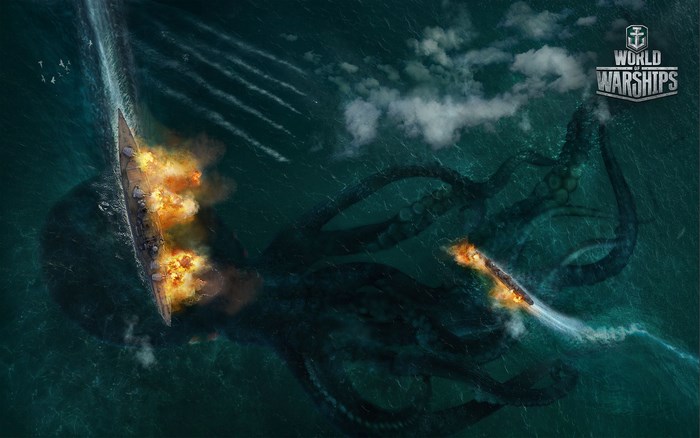 World of Warships game with Kraken attacking ships