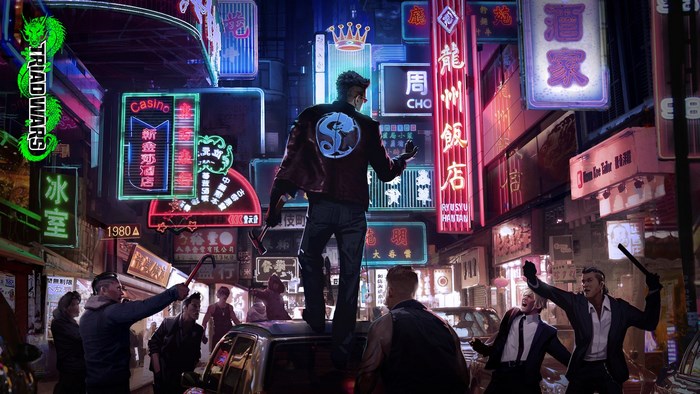 Triad Wars game scene with men in a neon-lit city