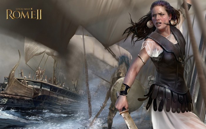 Total War: Rome II game art with female warrior and ship
