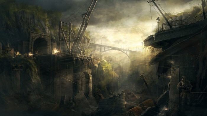 STALKER: Clear Sky game scene with ruins and bridge