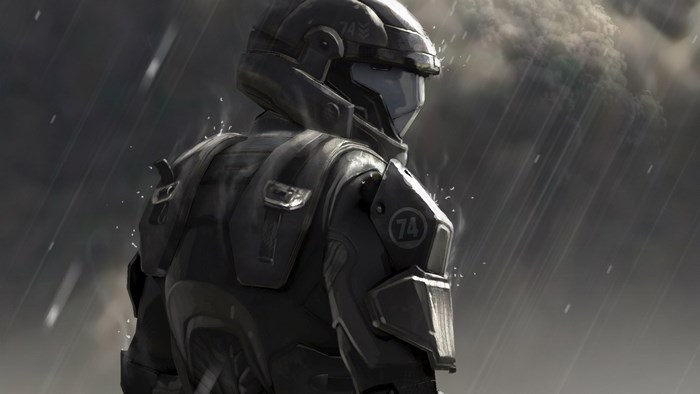Halo 3: ODST Armored Soldier in Rainy Battlefield