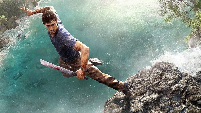 Jason Brody from Far Cry 3 jumping off a cliff