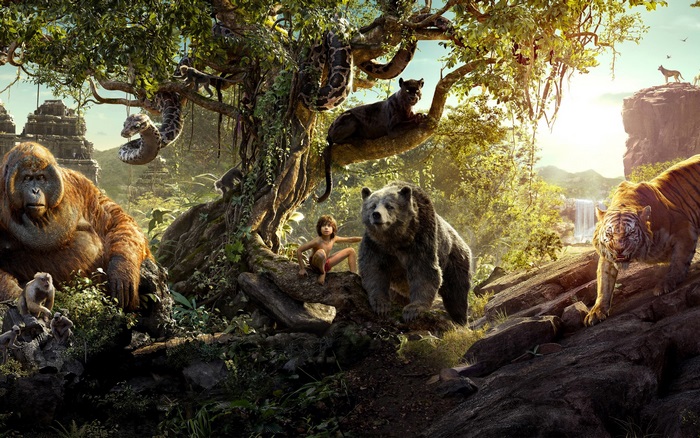 The Jungle Book characters in a jungle setting
