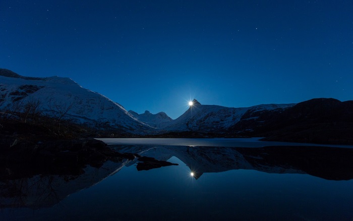Moonlit Mountains Reflected in Lake