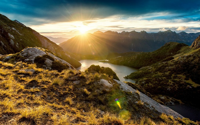 Sunrise over a mountain lake