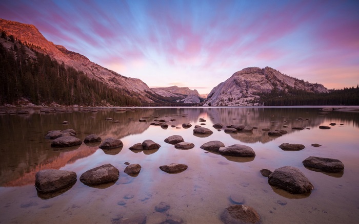 Yosemite Lake at Sunset with Mountains and Clouds