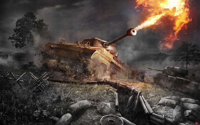 World of Tanks battle scene with firing tank